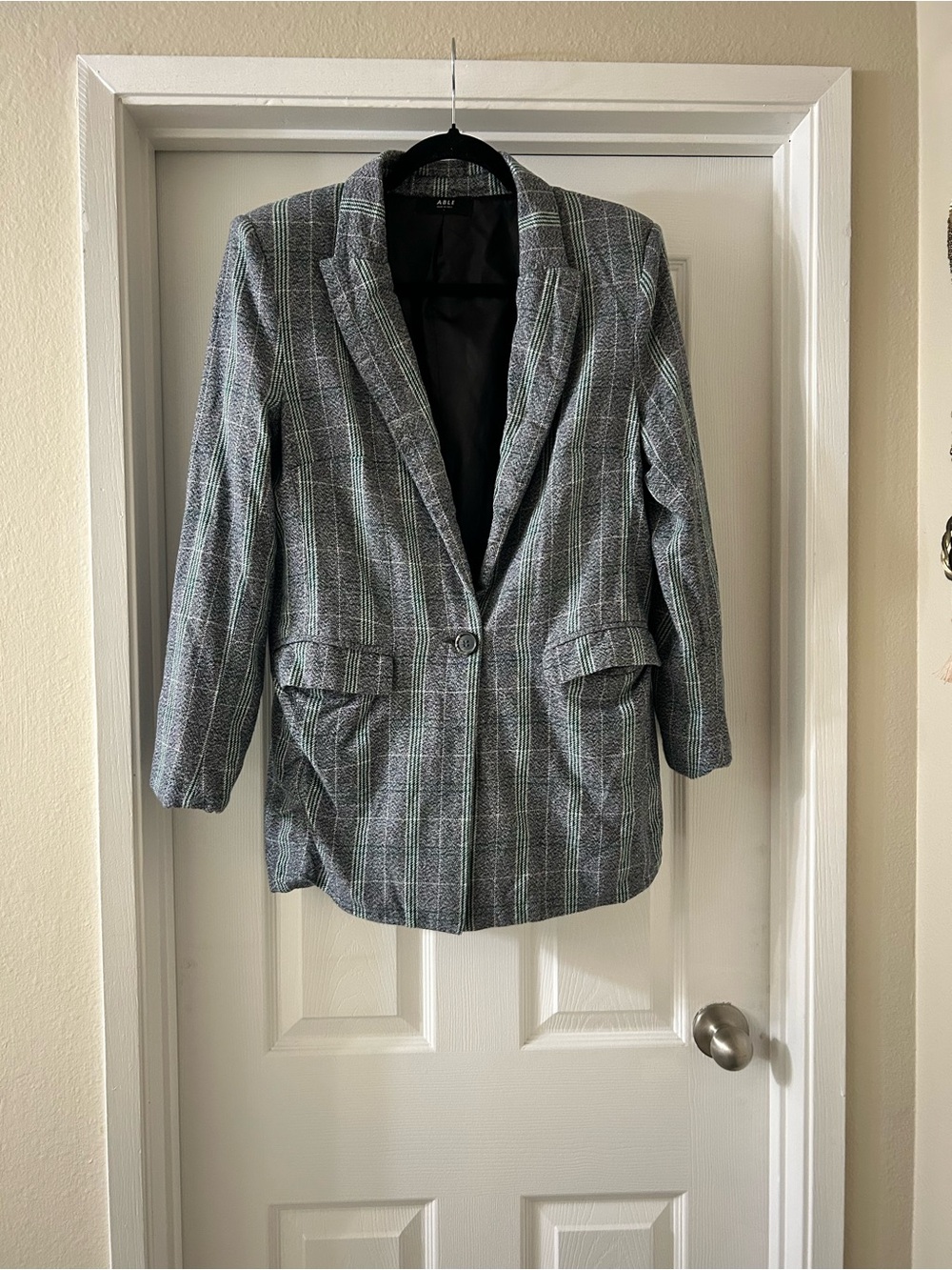 Able Gray Plaid Blazer with Subtle Green Windowpane